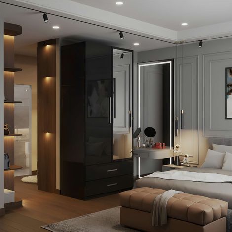 Modern High Gloss 2 Door Wardrobe with Mirror, Drawers and Hanging Rail - Black 80cm (1/4)