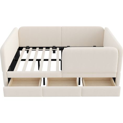 Lit enfant capitonné 140 x 200 cm en velours beige avec tiroirs de rangement (1/5)
