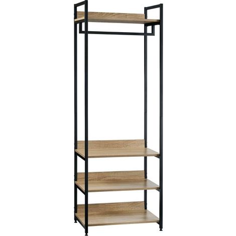 WOLTU Kleiderständer mit Regal Kleiderschrank Offener mit Schuhregal Garderobenständer für Schlafzimmer, Holz und Stahl, Hell Eiche+schwarz