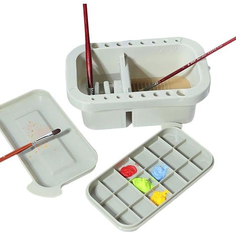 Pot nettoyeur 3-en-1 pour pinceaux avec couvercle, palette et support 16 trous - Plastique beige (1/5)