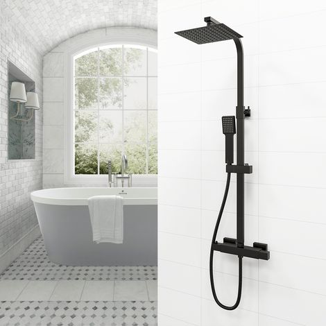 Colonna Doccia con Miscelatore Termostatico, OCEAN ITALY, Doccia Rubinetteria Quadrata Nera, Kit Doccia con Soffione 20x20cm, Rubinetto Fori 15cm, Altezza Regolabile 80-120cm, Nero Opaco (1/5)
