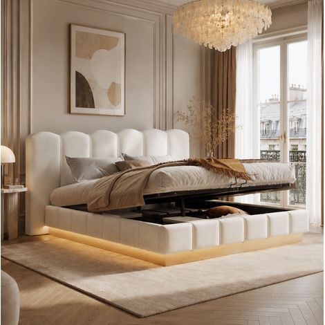 Letto contenitore 180x200 cm bouclé bianco con LED, senza materasso – MEUBLIV (1/5)