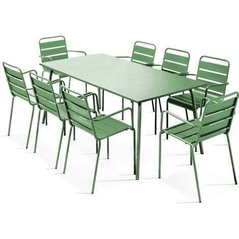 Ensemble table de jardin et 8 fauteuils en métal vert cactus - Palavas