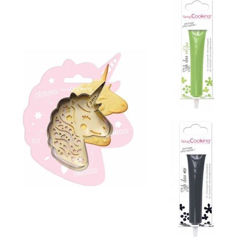 Kit pour biscuit en relief Licorne + 2 Stylos au chocolat vert clair et noir