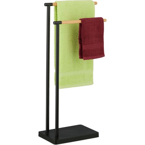 Relaxdays Piantana Portasciugamani Autoportante, 2 Bracci in Bambù e Supporto in Acciaio, Porta Asciugamani Bagno, Nero
