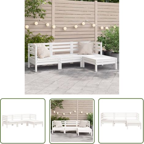 The Living Store Gartensofa 3-Sitzer mit Hocker Weiß Massivholz Kiefer - Gartenmöbel - Holzsessel - Esszimmerstuhl - Terrassenmöbeln - Lounge Set (1/5)