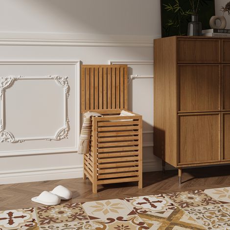 Wäschekorb Jystiand 64 L Lamellenoptik Bambus Natur [en.casa] (1/5)