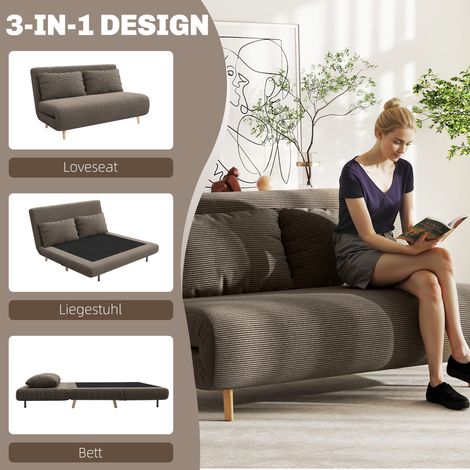 Canapé convertible, couchage d'appoint, dossier ajustable 3 niveaux, revêtement velours côtelé, charge max 120 kg, 141 x 90 x 81 cm, brun foncé