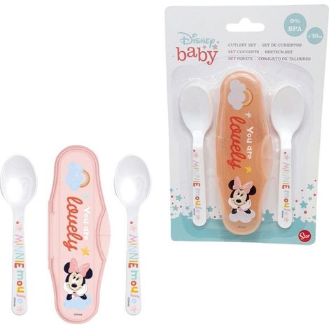 TrAdE Shop Traesio - 2 Cucchiai Per Bambini Prima Pappa Minnie Mouse Rosa Con Astuccio Per Bambini - (1/4)