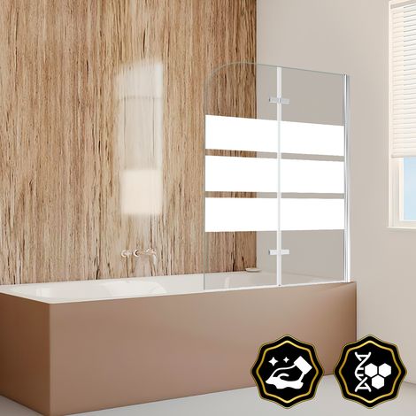 Jiubiaz Duschwand Badewanne 100 x 140 cm, 2-teilig faltbare Badewannenfaltwand, Badewannenaufsatz aus 6 mm ESG Sicherheitsglas, 180° schwenkbar, Weiße Streifen (1/5)