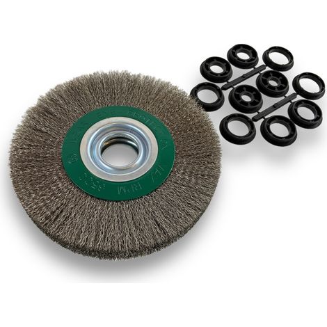 Brosse circulaire INOX Ø 175 mm Epaisseur 3 rangs Fil souple 0.20 mm ondulé Alésage 32 mm + réducteur bague 25/22/20/16/12 mm Touret meuleuse affûteuse ponceuse Kibros 235178IV (1/5)