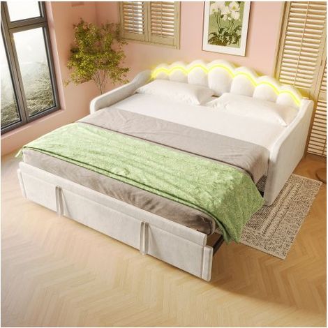 Lit gigogne 90x200 à 180x200cm - Velours beige, éclairage LED multicolore - lit 2 places - Tête de lit ondulée, Gain de place (1/5)