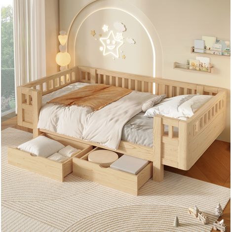 Letto a piattaforma 90x200 cm, sponda di protezione alta, due cassetti, legno massiccio e MDF, colore legno (1/5)