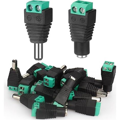 Fiche d'adaptateur CC 5,5 mm x 2,1 mm, lot de 10 paires (10 mâles + 10 femelles)  Connecteur d'alimentation CC pour bandes LED et caméras de vidéosurveillance – Fiches d'extrémité de câble (mâles et f (1/5)