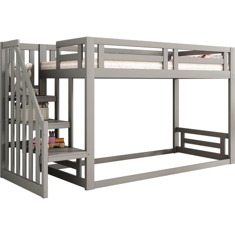 Lit superposé enfant 90 x 200 cm bas, maison ouverte avec échelle de sécurité, rangements intégrés, lattes incluses, gris - CHICFURN (1/5)