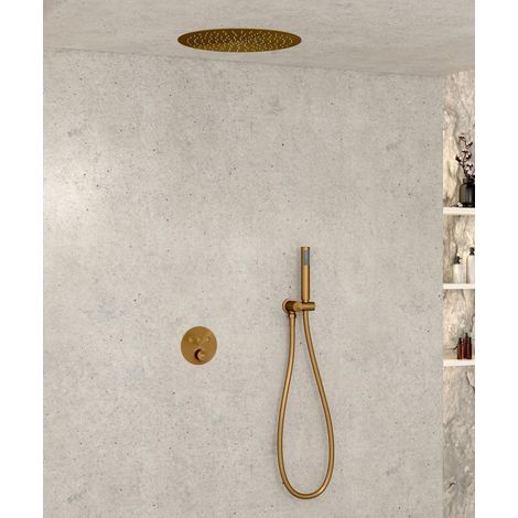 Conjunto de ducha termostática con rociador redondo empotrado - Oro rosa cepillado