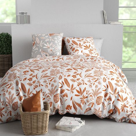 Parure housse de couette 240x220cm + 2 taies motif feuillage blanc et orange 100% coton - AHYLIA (1/4)