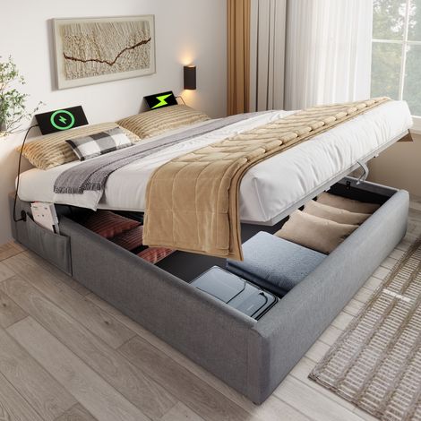 Cama canapé 202x161x29 cm, almacenaje hidráulico, USB y Type C integrados, sin cabecero, lino de algodón gris (1/5)