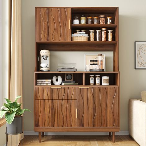Buffet haut de cuisine avec 1 tiroir, portes et étagères ouvertes, meuble de rangement en MDF et panneaux de particules, pieds en bois massif, noyer (1/5)