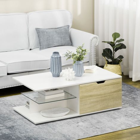 Table basse rectangulaire design contemporain 2 tiroirs 2 niches étagère verre trempé panneaux aspect chêne clair blanc