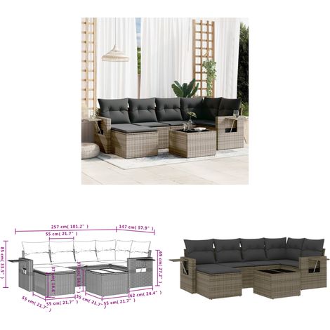 7-tlg. Garten-Sofagarnitur mit Kissen Grau Poly Rattan - Gartenmöbel Set - PE-Rattan Möbel - Outdoor Lounge - Gartenlounge - Esszimmergarnitur - Home & Living