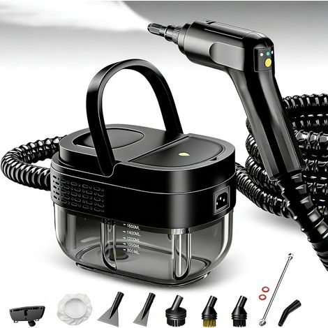 Nettoyeur vapeur portable 2500 W, multifonctionnel, stérilisation haute température, réservoir de 1600 ml, idéal pour la maison et la voiture (noir, 9 accessoires)
