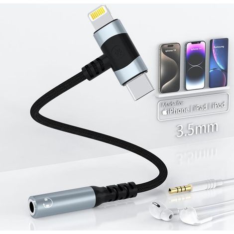 Adaptador auxiliar 2 en 1: adaptador de audio Lightning y USB C a 3,5 mm. Compatible con iPhone 15, 14, 13, 12, 11 X y iPad. (1/5)