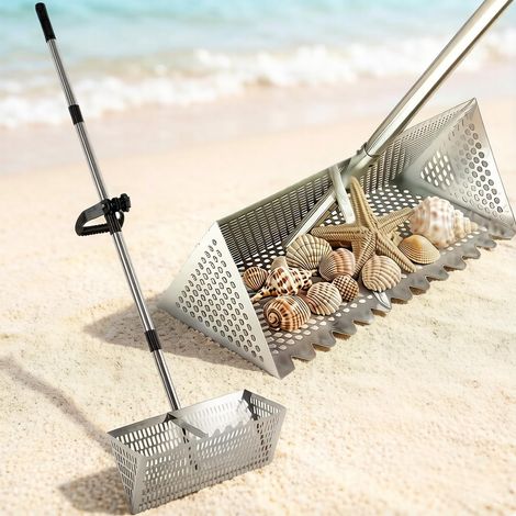 Râteau à puces de sable, pelle de plage et passoire en acier inoxydable extra large de 40 cm avec dents de requin et manche amovible de 140 cm, outil de chasse au trésor (1/5)