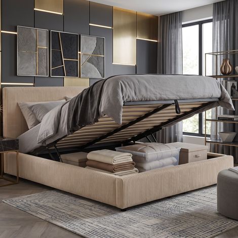 Lit coffre 90x190 cm velours côtelé sable avec tête de lit (1/5)