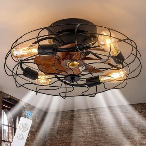 Ventilateur de plafond avec éclairage intégré et télécommande, suspension LED rétro industrielle silencieuse, douille E27 rétro pour ventilateur de plafond avec cage métallique, convient aux chambres