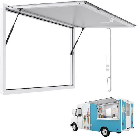 Fenêtre de Concession pour Camion Restaurant 152,4x91,5 cm, Fenêtre de Service pour Stand de Vente, Cadre en Alliage d'Aluminium, sans Verre, avec Porte à Auvent et Crochet de Traction (1/3)