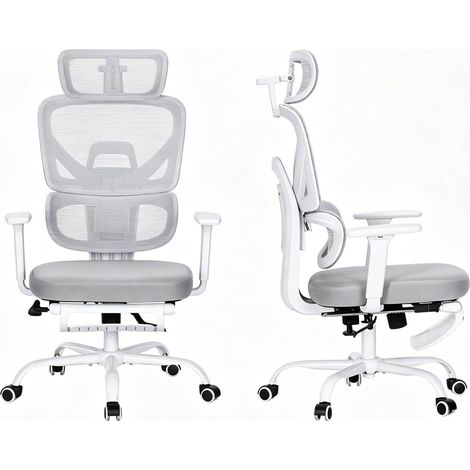 Silla de oficina ergonómica giratoria de malla gris con reposacabezas y reposapiés (1/5)