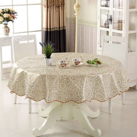 Nappe ronde en vinyle imperméable et lavable, facile à nettoyer, adaptée aux tables rondes de restaurants, cuisines, jardins, balcons, etc. (couleur or, 150 cm de diamètre) (1/5)