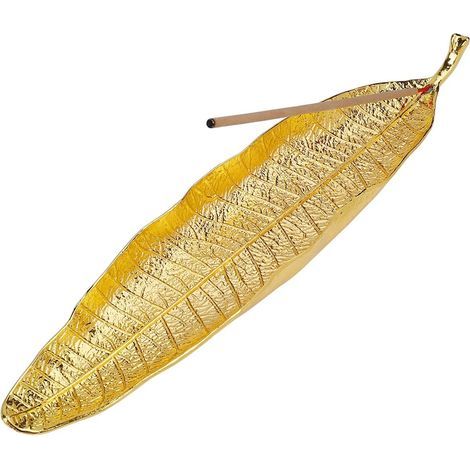 Porte-encens Feuilles en métal Attrape-cendres Brûleur d'encens de 27 cm de long (Or)- (1/5)