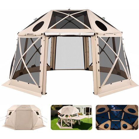 Tente Moustiquaire Tonnelle Pop-up 4,57x4,57 m Tente Moustiquaire Pliante 12-15 Personnes 13 Côtés Abri Solaire pour Camping Famille, Terrasse, Jardin, avec Toit Amovible Sac de Transport, Beige (1/5)