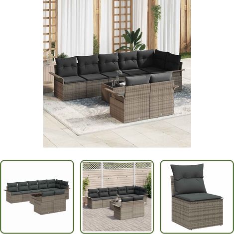 Poly-Rattan - Gartensofa-set mit Kissen 9 pcs Grau Poly-Rattan (1/5)
