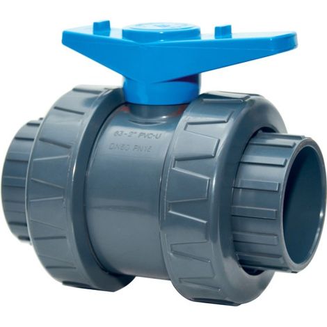 Vanne PVC pression Ø 63 mm – Double union avec siège de bille réglable – Poignée bleue pour installation facile – Pression maximale 16 bars