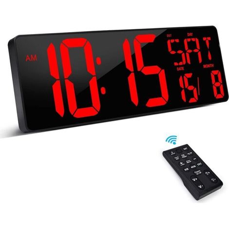 Digital clock with remote control, LED, adjustable brightness, wall mountable, with time/date/temperature display (1/5)