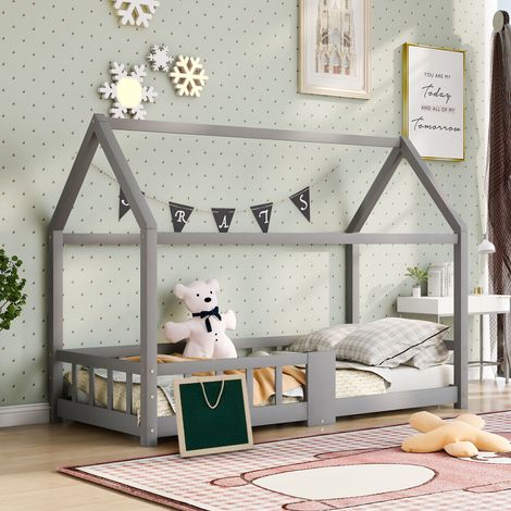 Lit cabane avec ardoise 90x200 cm en bois de pin gris (1/5)