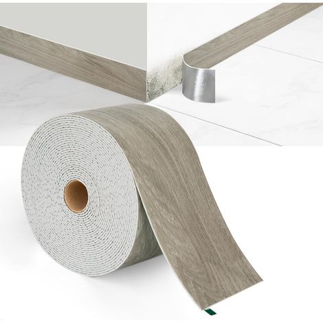 Plinthe souple autocollante flexible en PVC imperméable de 10 m pour cuisine et salle de bain, largeur 10 cm (grain de bois gris) (1/5)