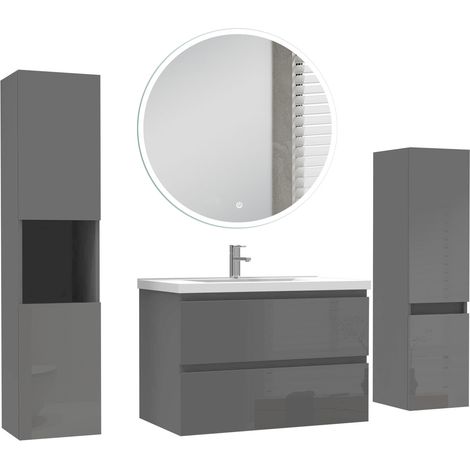 Ocean Ensemble de Meuble salle de bain 79cm + miroir led rond + colonne 110cm + colonne 131.5cm, anthracite Haut Brillant