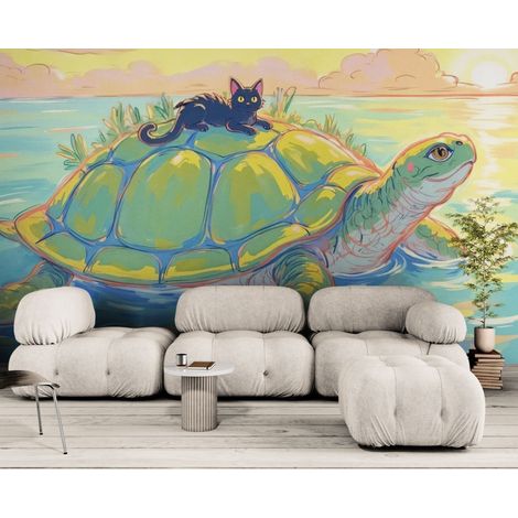 Papier peint Fantaisie – Chat noir sur tortue marine - 150 x 250 cm (1/2)