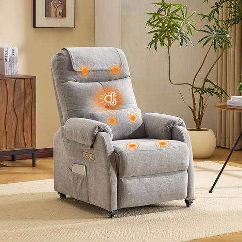 Fauteuil Massant, Fauteuil de Relaxation avec 6 Points de Massage et Chauffage, Dossier et Repose-Pieds Réglable Automatiquement, Équipé d'un Appui-tête et Un Coussin, Gris Clair, Tissu (1/5)
