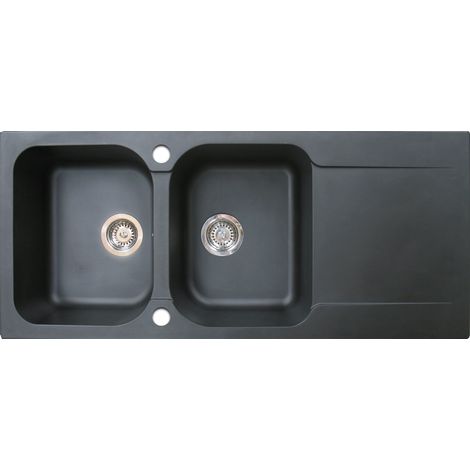 Essebagno Evier réversible 2 cuves 1 égouttoir Lisse en résine noir