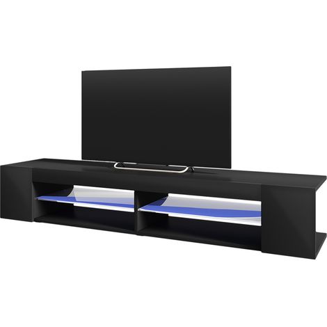 Selsey – Meuble TV contemporain 180 cm avec éclairage LED bleu – Rangement ouvert et mi-fermé – Panneaux mélaminés et étagères en verre (1/6)