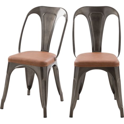 Lot de 2 chaises en métal gris et cuir synthétique marron - CHARLY