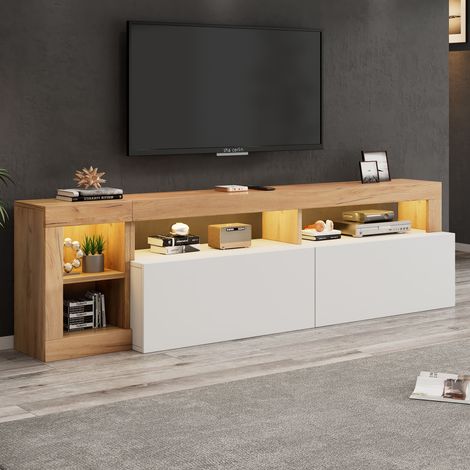 Wishdor – Meuble TV blanc et bois – Meuble TV LED 184x42x58 cm – Grand espace de rangement – Design minimaliste pour salon et chambre
