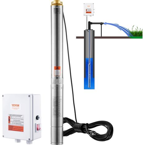 VEVOR Pompe Immergee pour Puits Profond, 2200 W, Pompe a Eau en Acier Inox, Debit 9,8 m³/h, 144 m, avec Cordon Electrique 19,4 m, Boitier de Commande Externe, IP68 pour Maison, Irrigation Industrielle