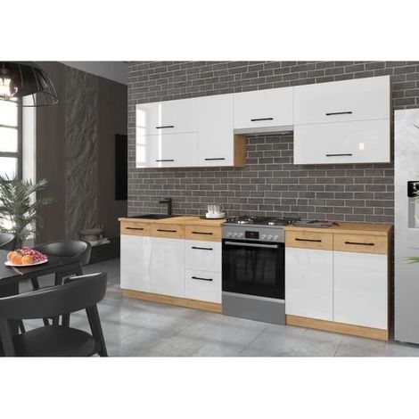 Cuisine complète 260 cm mélaminé chêne Lancelot et blanc brillant – Meuble sous évier 80x82x52 cm – Tiroirs 40x82x52 cm – Fermeture douce silencieuse (1/5)