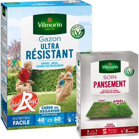 Vilmorin Gazon Ultra Résistant - Label Rouge - 1 kg + Soin Pansement 2 en 1 - 25 g (x10) (1/2)